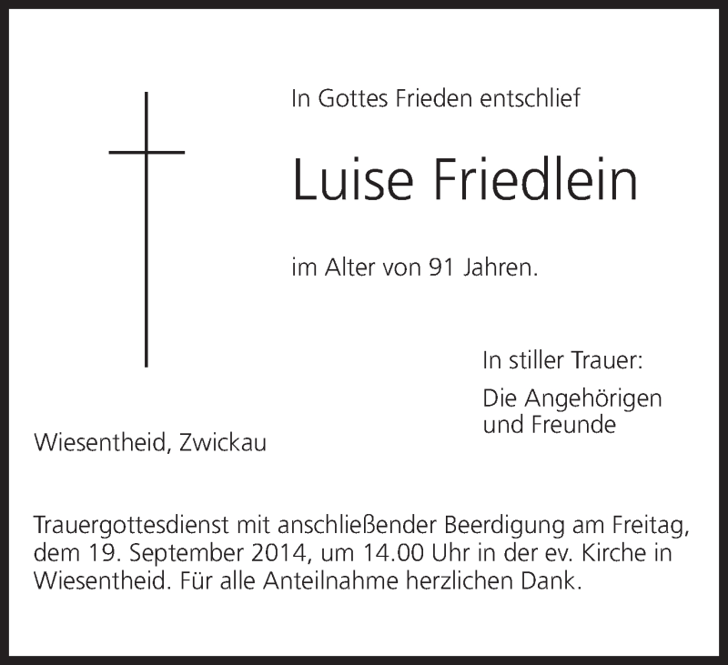  Traueranzeige für Luise Friedlein vom 18.09.2014 aus MGO