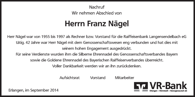  Traueranzeige für Franz Nägel vom 18.09.2014 aus MGO
