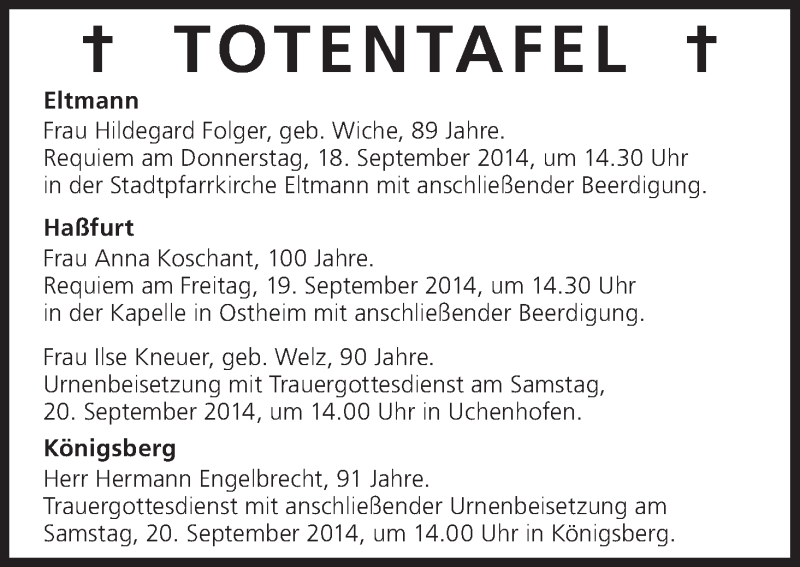  Traueranzeige für Totentafel vom 18.09.2014 vom 18.09.2014 aus MGO