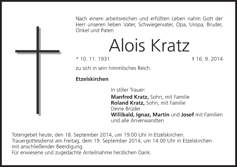  Traueranzeige für Alois Kratz vom 18.09.2014 aus MGO