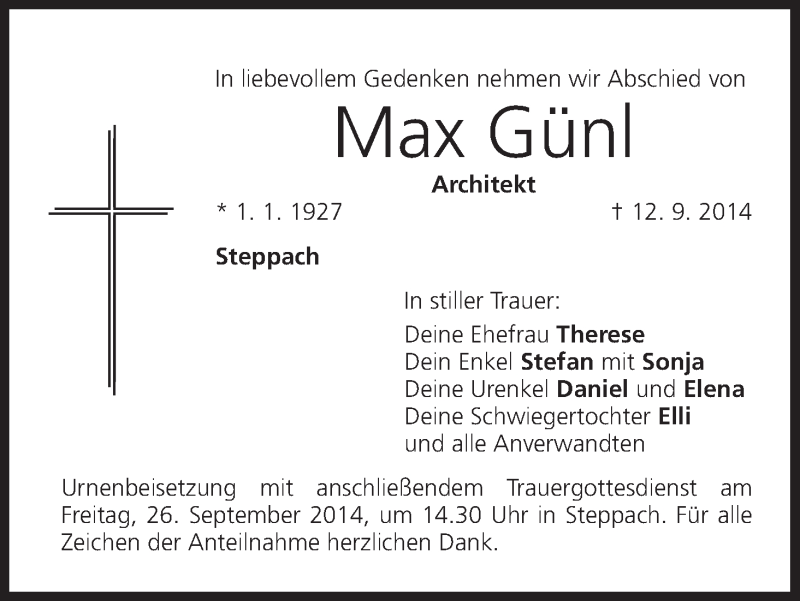  Traueranzeige für Max Günl vom 19.09.2014 aus MGO