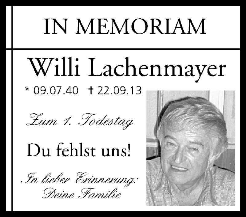  Traueranzeige für Willi Lachenmayer vom 20.09.2014 aus MGO