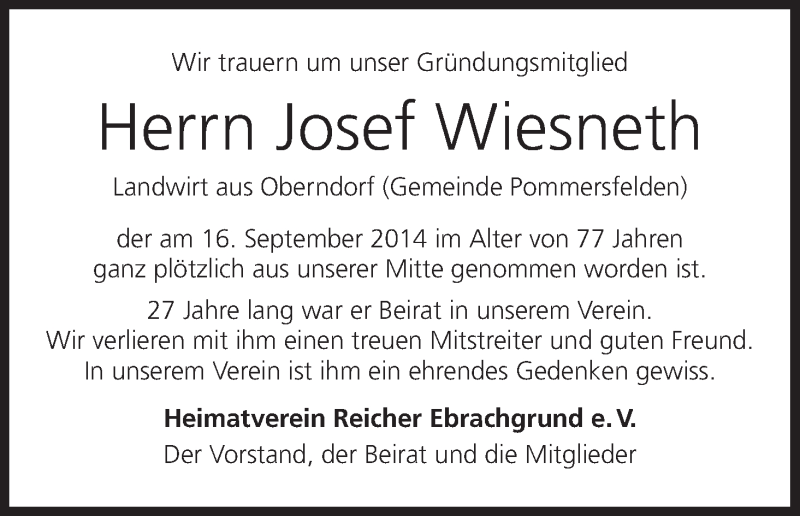  Traueranzeige für Josef Wiesneth vom 19.09.2014 aus MGO