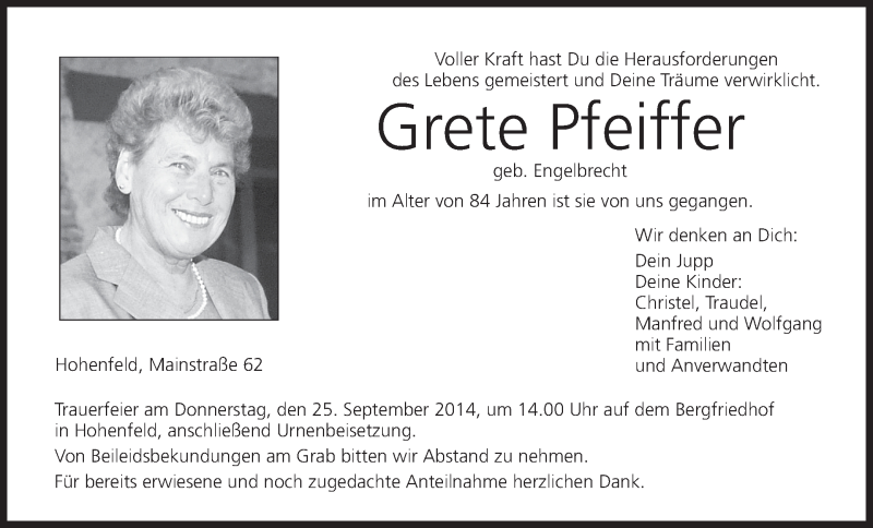  Traueranzeige für Grete Pfeiffer vom 23.09.2014 aus MGO