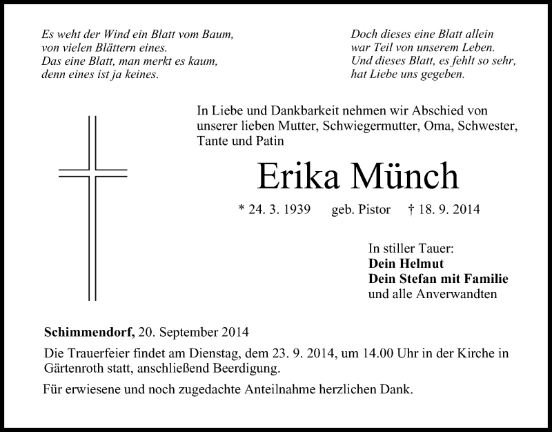  Traueranzeige für Erika Münch vom 20.09.2014 aus MGO