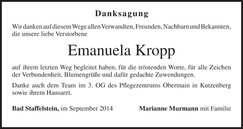  Traueranzeige für Emanuela Kropp vom 20.09.2014 aus MGO
