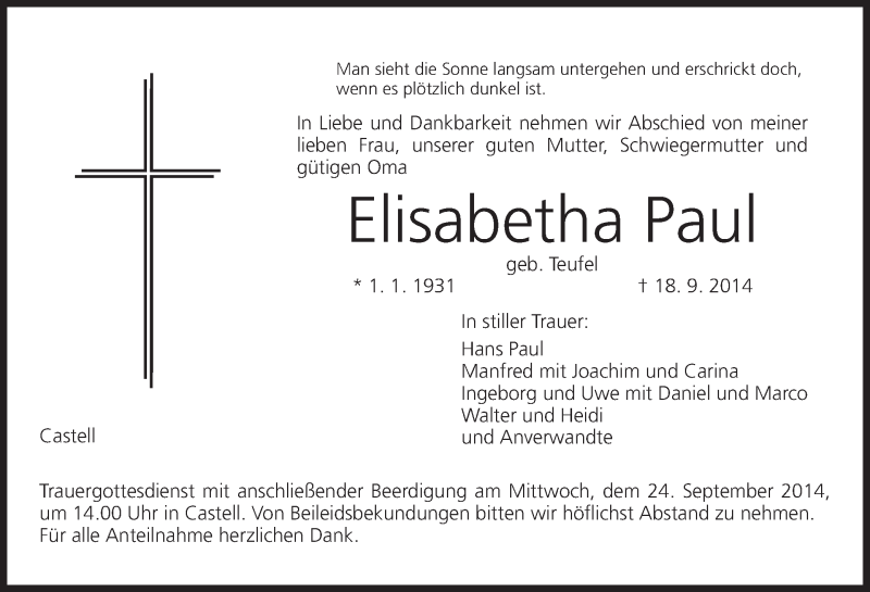  Traueranzeige für Elisabetha Paul vom 22.09.2014 aus MGO