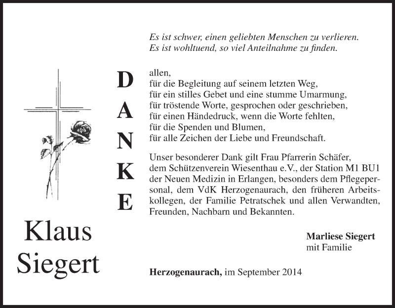  Traueranzeige für Klaus Siegert vom 20.09.2014 aus MGO