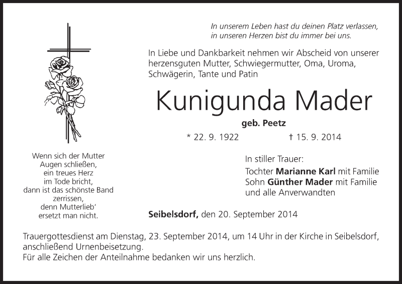 Traueranzeige für Kunigunda Mader vom 20.09.2014 aus MGO