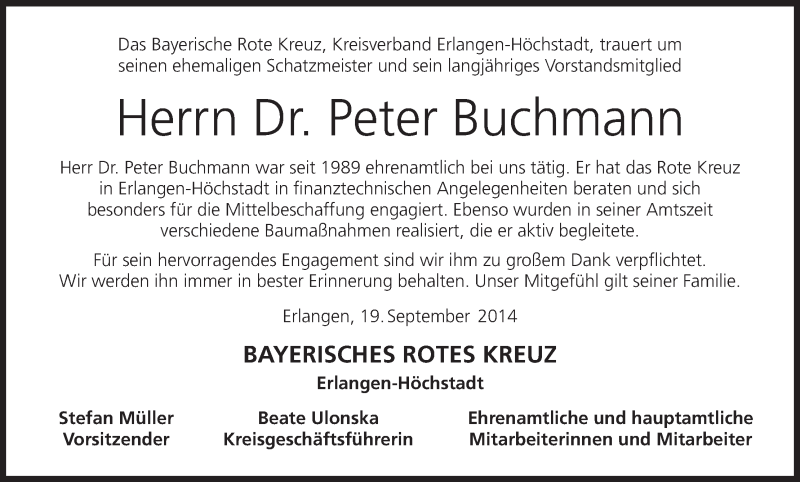  Traueranzeige für Peter Buchmann vom 20.09.2014 aus MGO