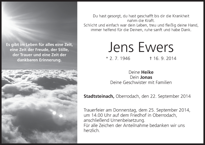  Traueranzeige für Jens Ewers vom 22.09.2014 aus MGO