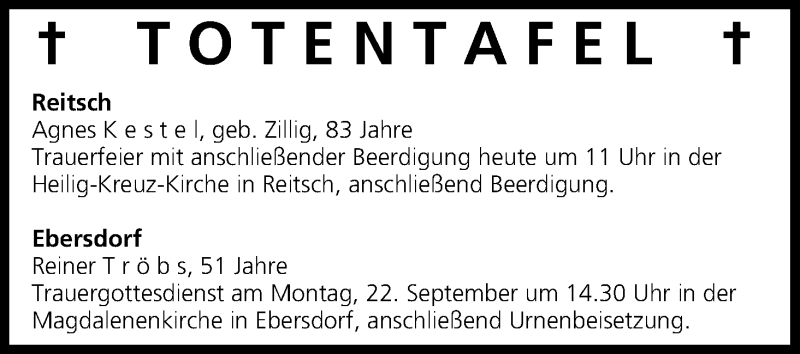  Traueranzeige für Totentafel vom 20.09.2014 vom 20.09.2014 aus MGO