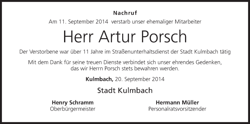  Traueranzeige für Artur Porsch vom 20.09.2014 aus MGO