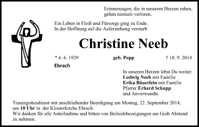  Traueranzeige für Christine Neeb vom 20.09.2014 aus MGO