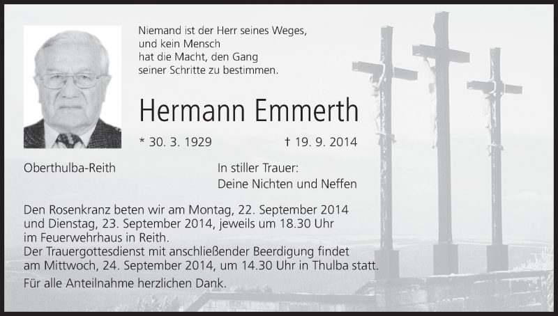  Traueranzeige für Hermann Emmerth vom 20.09.2014 aus MGO