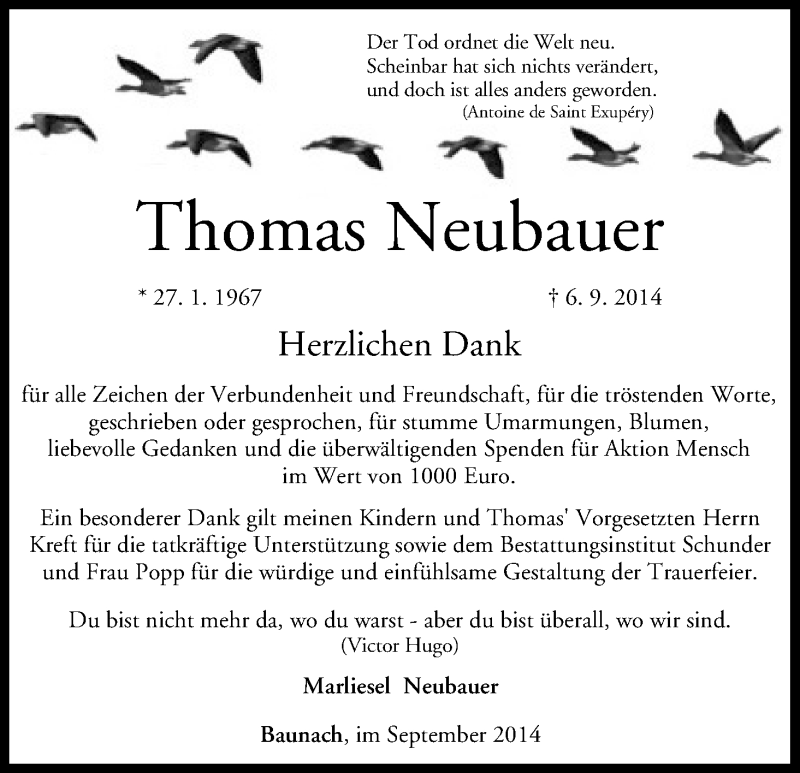  Traueranzeige für Thomas Neubauer vom 20.09.2014 aus MGO