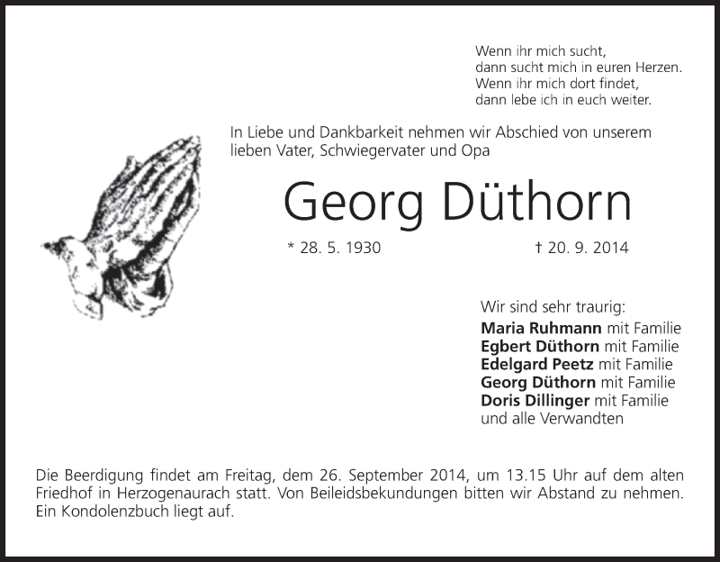  Traueranzeige für Georg Düthorn vom 22.09.2014 aus MGO