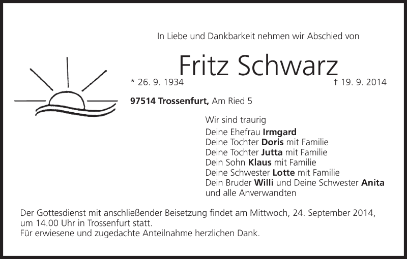  Traueranzeige für Fritz Schwarz vom 22.09.2014 aus MGO