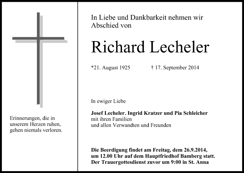  Traueranzeige für Richard Lecheler vom 23.09.2014 aus MGO