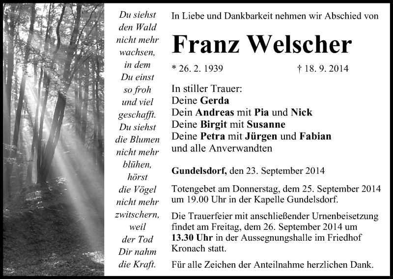  Traueranzeige für Franz Welscher vom 23.09.2014 aus MGO