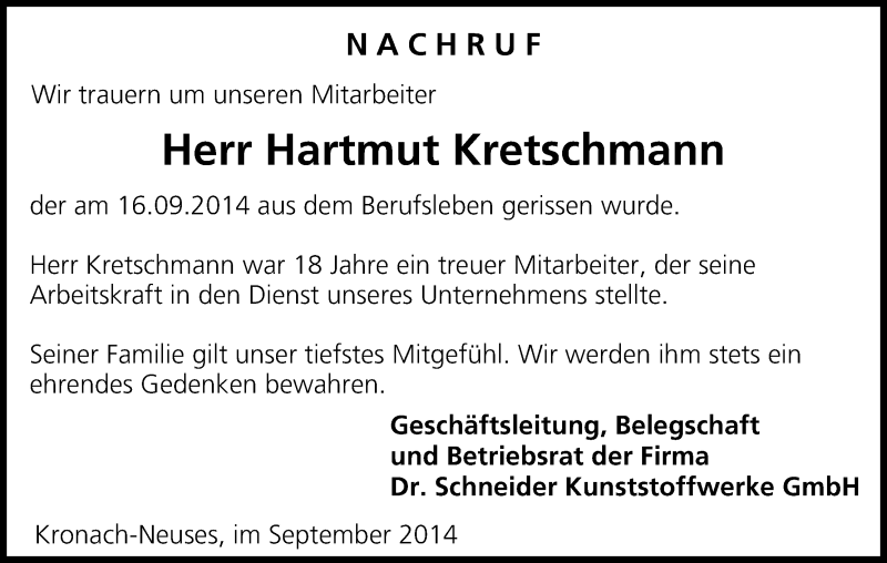  Traueranzeige für Hartmut Kretschmann vom 23.09.2014 aus MGO