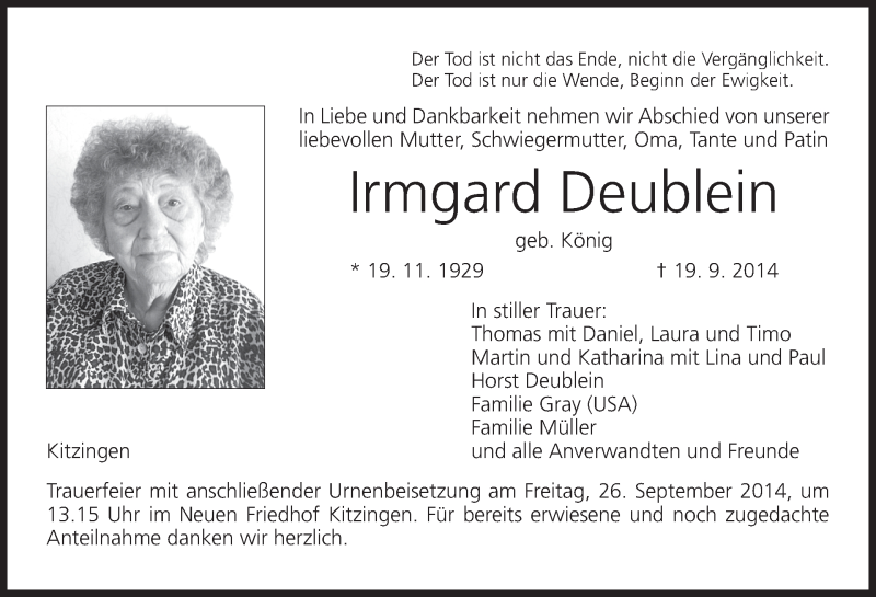  Traueranzeige für Irmgard Deublein vom 24.09.2014 aus MGO