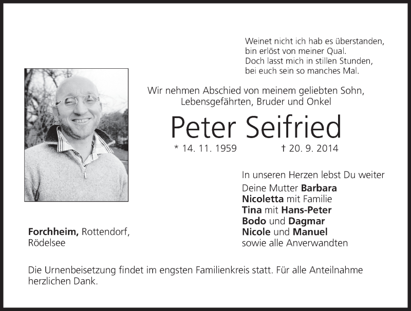  Traueranzeige für Peter Seifried vom 23.09.2014 aus MGO