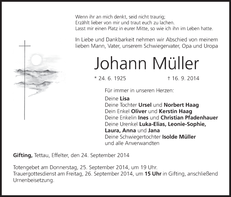  Traueranzeige für Johann Müller vom 24.09.2014 aus MGO
