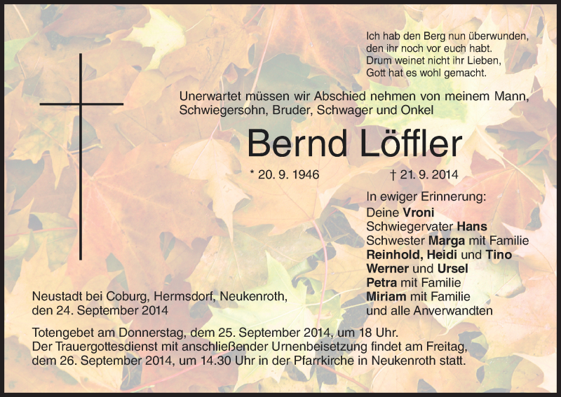  Traueranzeige für Bernd Löffler vom 24.09.2014 aus MGO