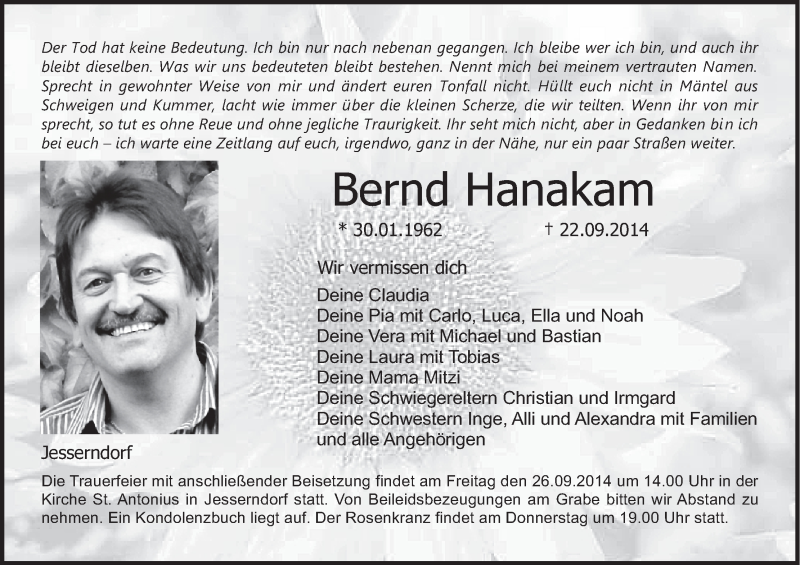  Traueranzeige für Bernd Hanakam vom 24.09.2014 aus MGO
