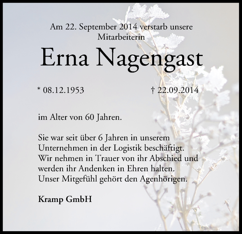  Traueranzeige für Erna Nagengast vom 27.09.2014 aus MGO