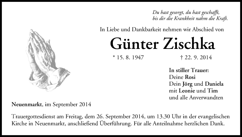  Traueranzeige für Günter Zischka vom 25.09.2014 aus MGO