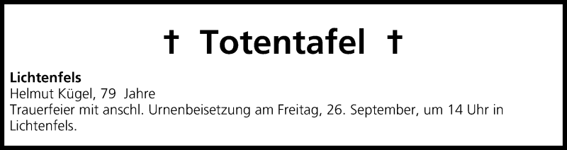  Traueranzeige für Totentafel vom 25.09.2014 vom 25.09.2014 aus MGO