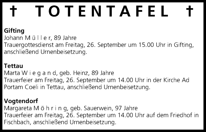  Traueranzeige für Totentafel vom 25.09.2014 vom 25.09.2014 aus MGO