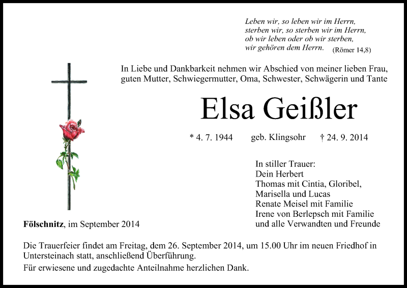  Traueranzeige für Elsa Geißler vom 25.09.2014 aus MGO