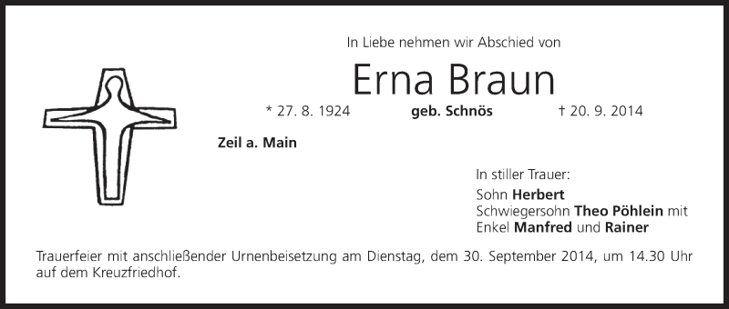  Traueranzeige für Erna Braun vom 27.09.2014 aus MGO