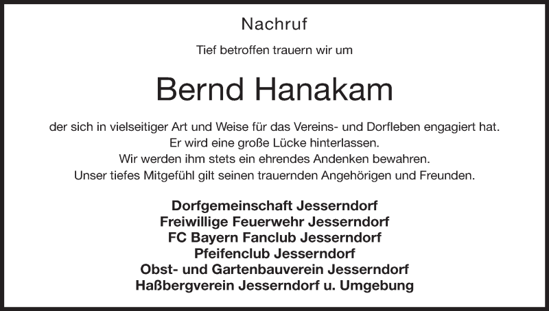  Traueranzeige für Bernd Hanakam vom 27.09.2014 aus MGO