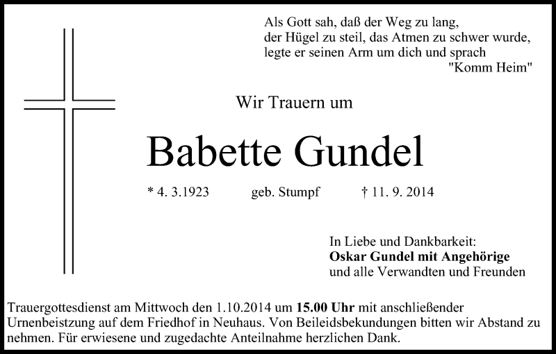  Traueranzeige für Babette Gundel vom 27.09.2014 aus MGO