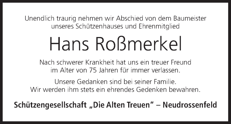  Traueranzeige für Hans Roßmerkel vom 26.09.2014 aus MGO