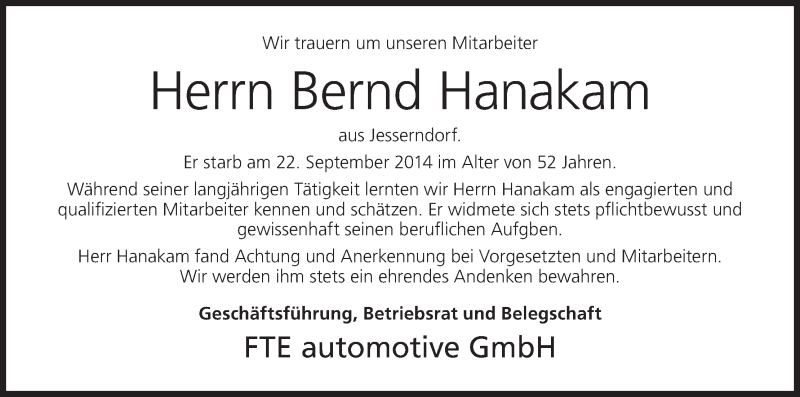  Traueranzeige für Bernd Hanakam vom 26.09.2014 aus MGO