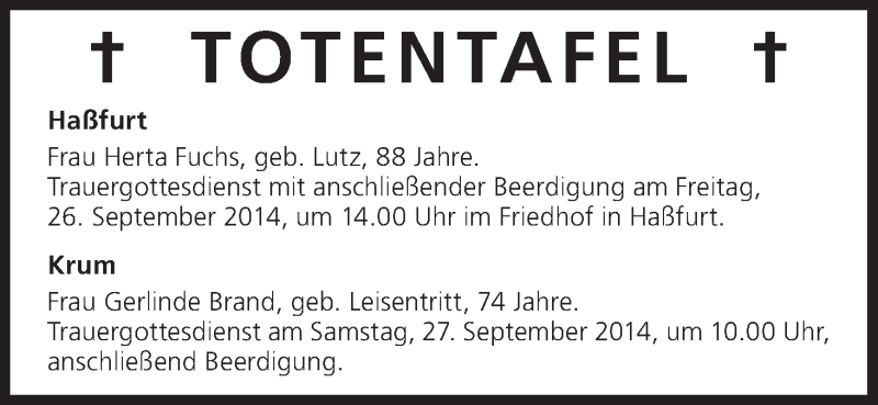  Traueranzeige für Totentafel vom 26.09.2014 vom 26.09.2014 aus MGO