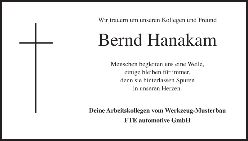  Traueranzeige für Bernd Hanakam vom 27.09.2014 aus MGO