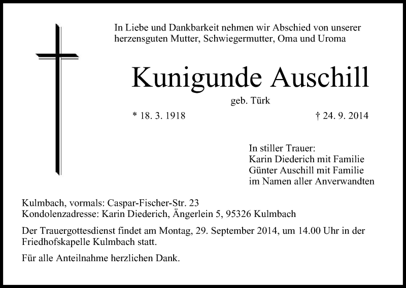  Traueranzeige für Kunigunde Auschill vom 26.09.2014 aus MGO