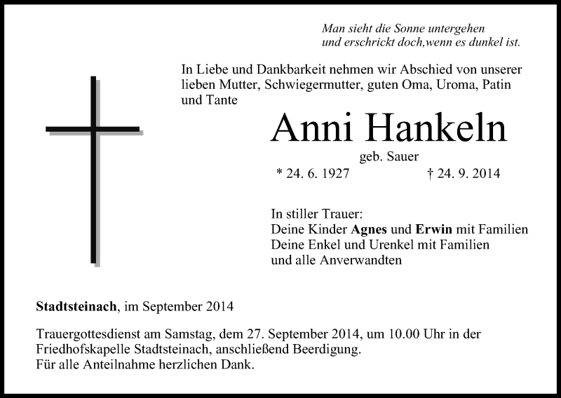  Traueranzeige für Anni Hankeln vom 26.09.2014 aus MGO