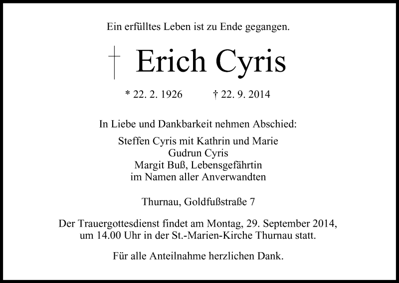  Traueranzeige für Erich Cyris vom 26.09.2014 aus MGO