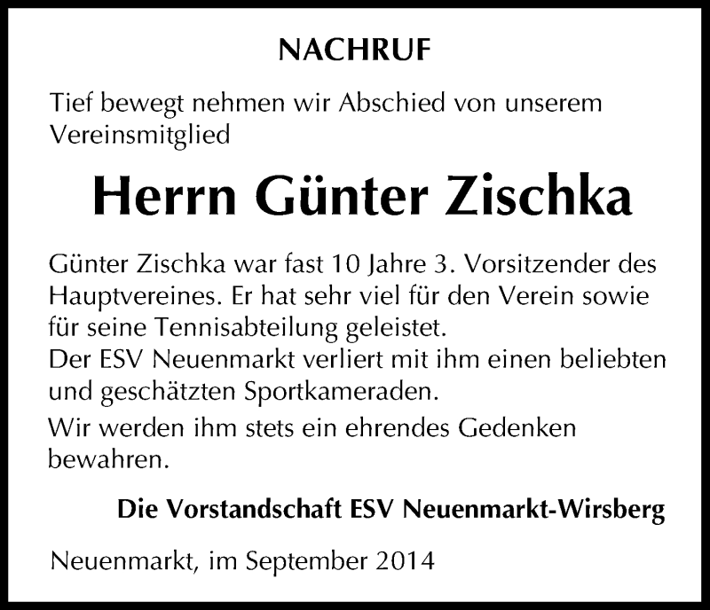  Traueranzeige für Günter Zischka vom 26.09.2014 aus MGO