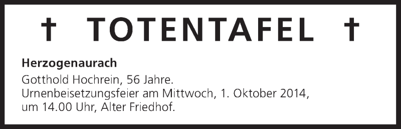  Traueranzeige für Totentafel vom 27.09.2014 vom 27.09.2014 aus MGO