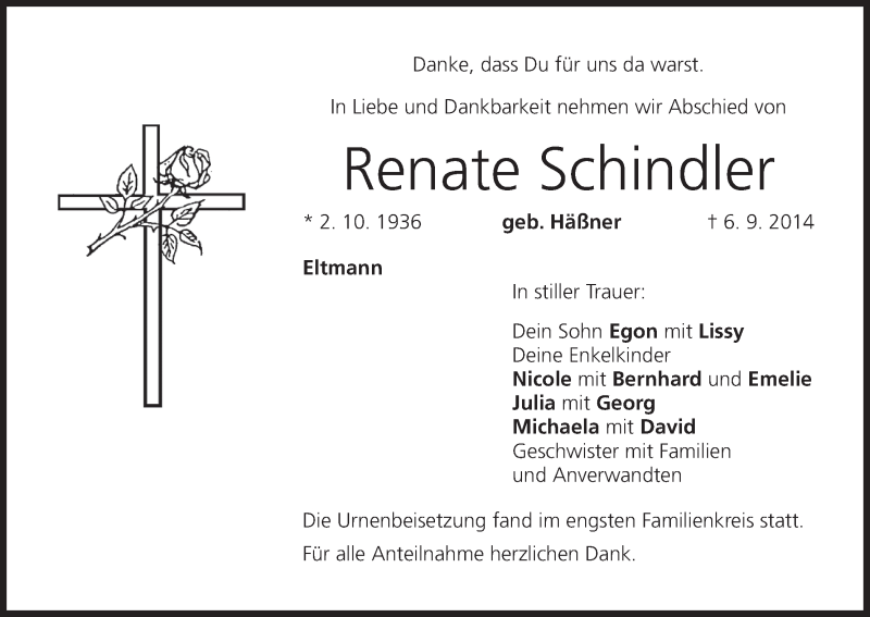  Traueranzeige für Renate Schindler vom 27.09.2014 aus MGO