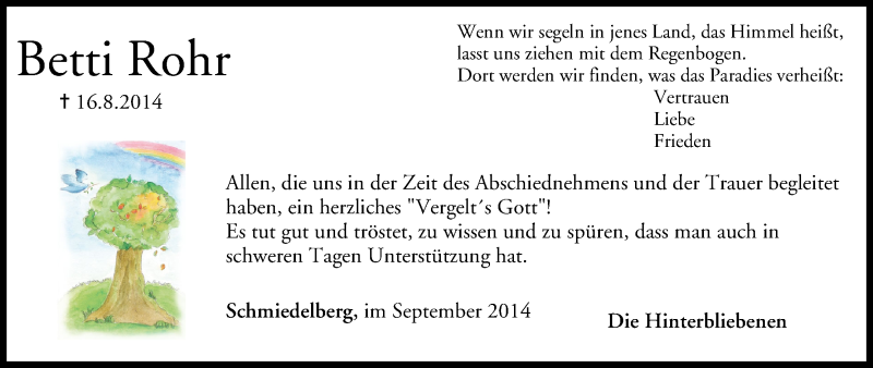  Traueranzeige für Betti Rohr vom 27.09.2014 aus MGO