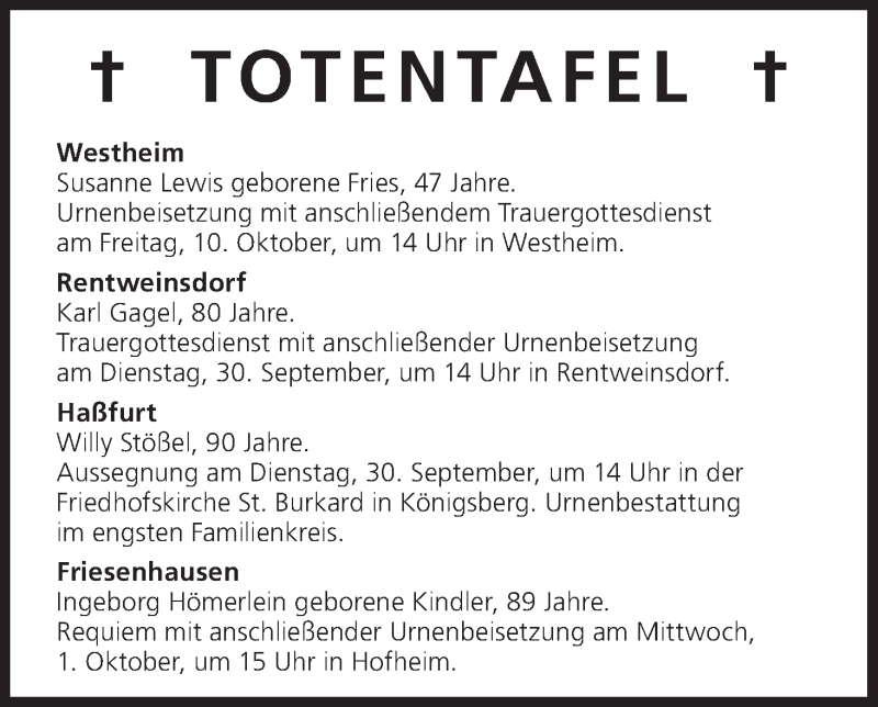  Traueranzeige für Totentafel vom 29.09.2014 vom 29.09.2014 aus MGO